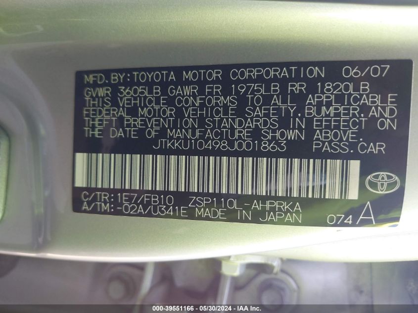 2008 Scion Xd VIN: JTKKU10498J001863 Lot: 39551166