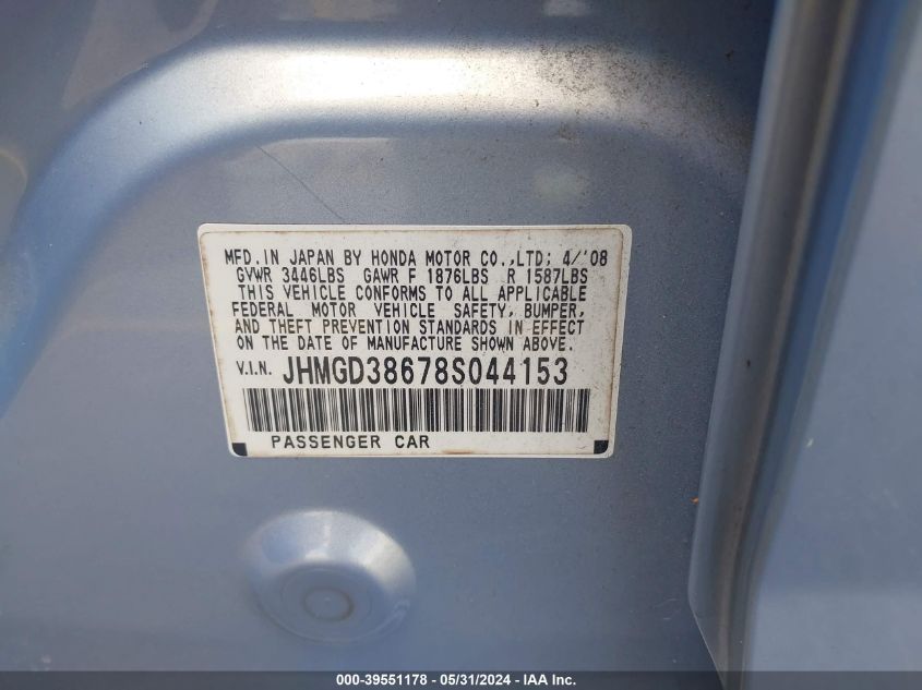 2008 Honda Fit Sport VIN: JHMGD38678S044153 Lot: 39551178