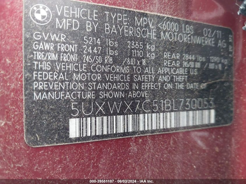 2011 BMW X3 xDrive35I VIN: 5UXWX7C51BL730053 Lot: 39551187