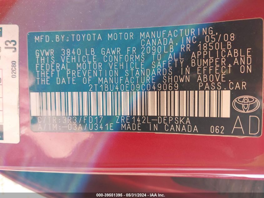 2009 Toyota Corolla S VIN: 2T1BU40E09C049069 Lot: 39551395