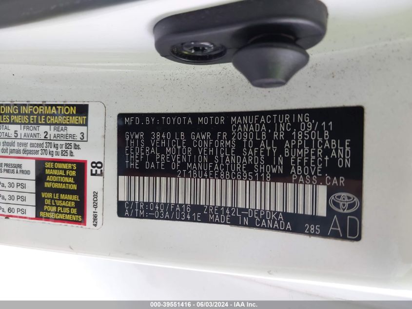 2011 Toyota Corolla S/Le VIN: 2T1BU4EE8BC695118 Lot: 39551416