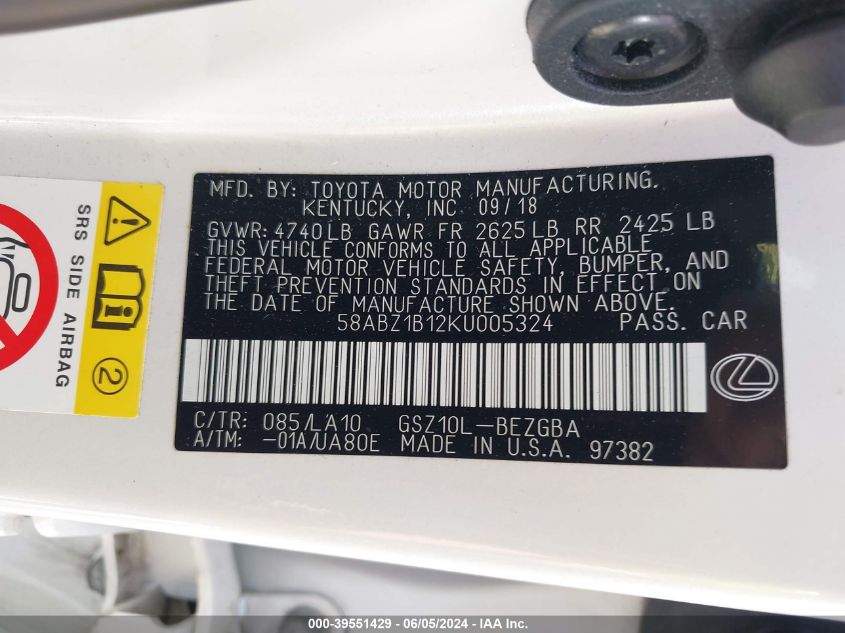 2019 Lexus Es 350 VIN: 58ABZ1B12KU005324 Lot: 39551429