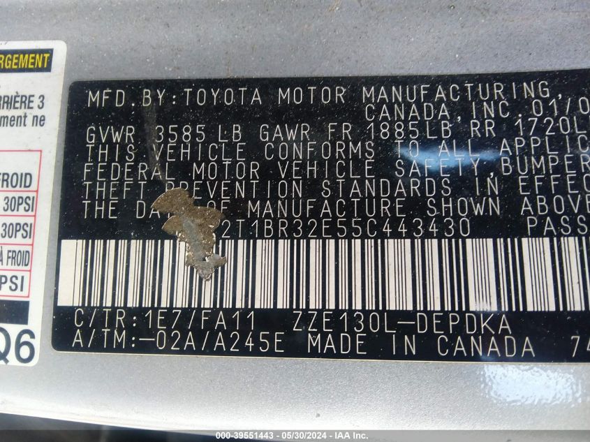 2005 Toyota Corolla Ce VIN: 2T1BR32E55C443430 Lot: 39551443