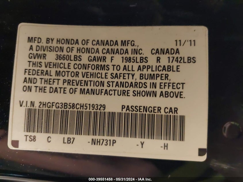 2012 Honda Civic Lx VIN: 2HGFG3B58CH519329 Lot: 39551458