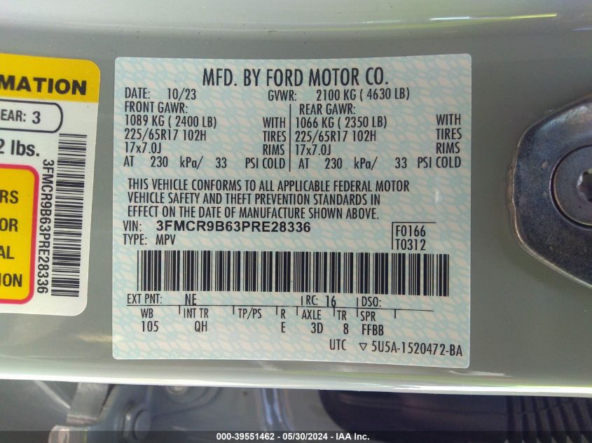 2023 Ford Bronco Sport Big Bend VIN: 3FMCR9B63PRE28336 Lot: 39551462