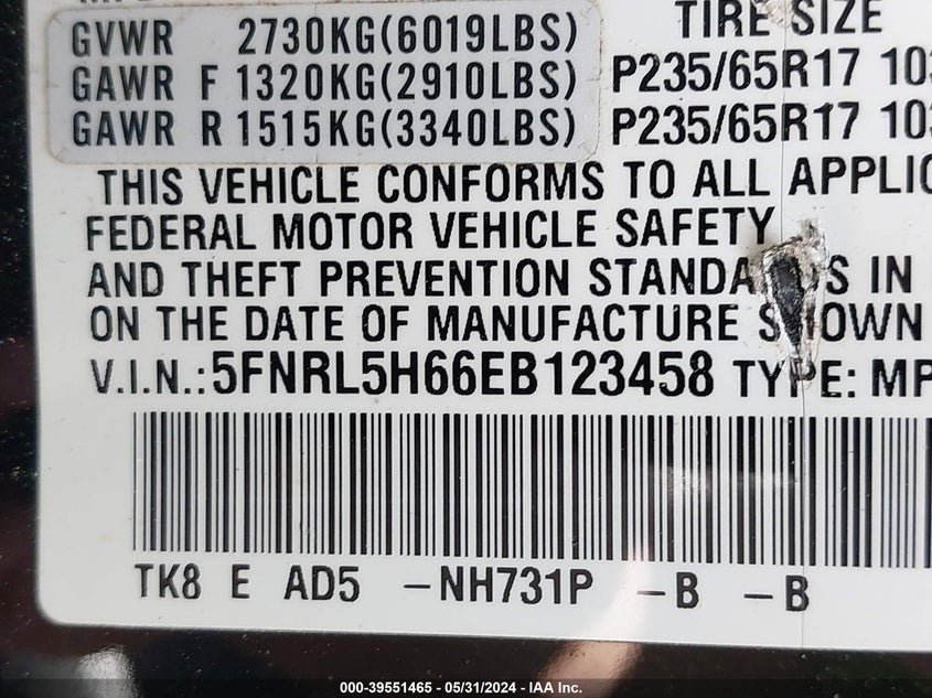 2014 Honda Odyssey Ex-L VIN: 5FNRL5H66EB123458 Lot: 39551465