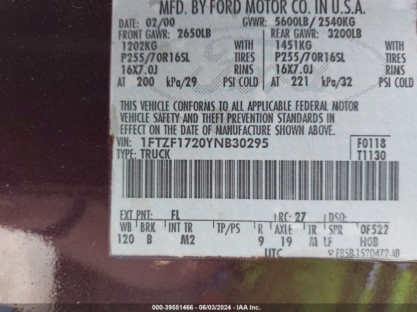 2000 Ford F-150 Work Series/Xl/Xlt VIN: 1FTZF1720YNB30295 Lot: 39551466