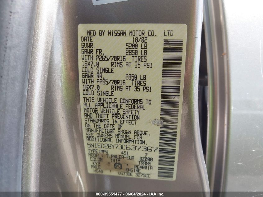 2003 Nissan Xterra Xe VIN: 5N1ED28Y73C637367 Lot: 39551477