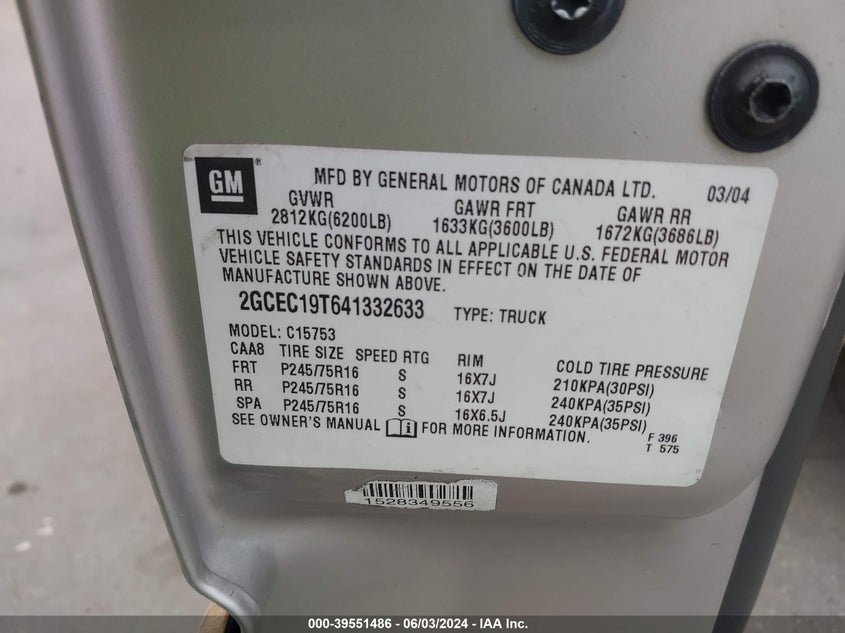 2004 Chevrolet Silverado 1500 Ls VIN: 2GCEC19T641332633 Lot: 39551486