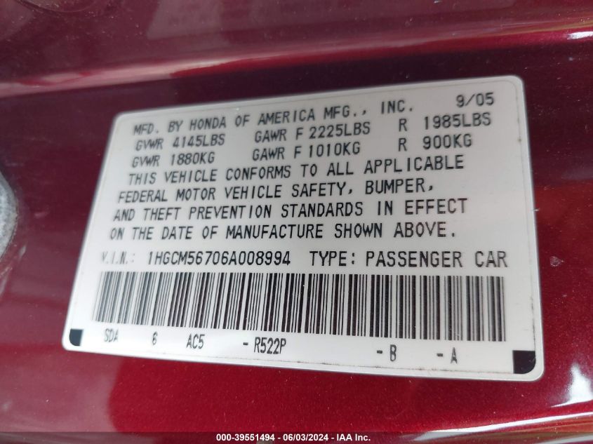 2006 Honda Accord 2.4 Ex VIN: 1HGCM56706A008994 Lot: 39551494