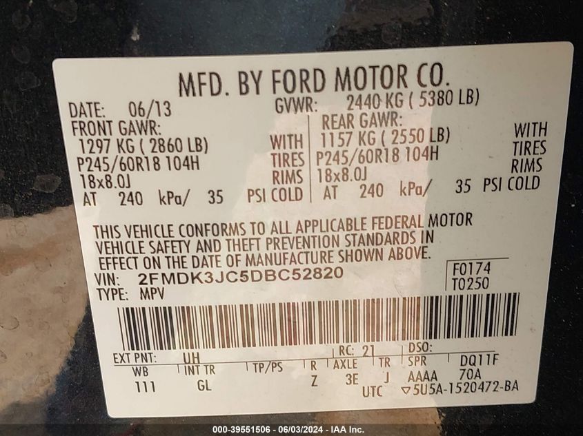 2013 Ford Edge Sel VIN: 2FMDK3JC5DBC52820 Lot: 39551506