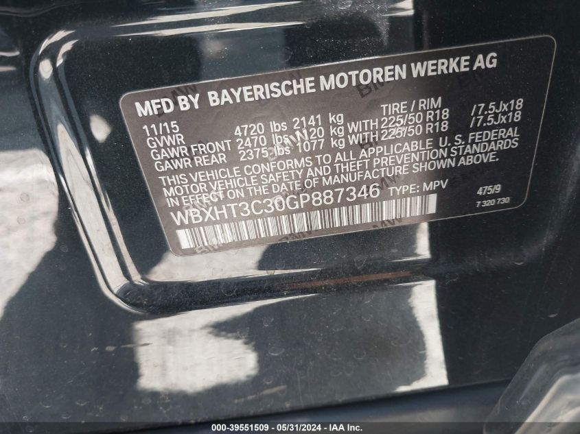 2016 BMW X1 xDrive28I VIN: WBXHT3C30GP887346 Lot: 39551509