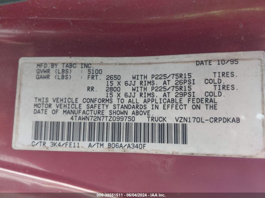 1996 Toyota Tacoma Xtracab VIN: 4TAWN72N7TZ099750 Lot: 39551511