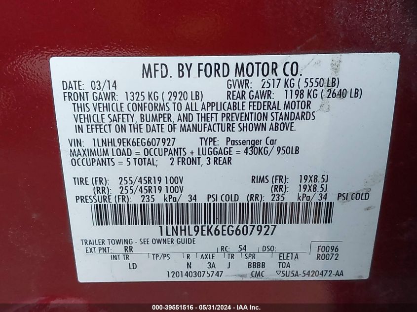 2014 Lincoln Mks VIN: 1LNHL9EK6EG607927 Lot: 39551516