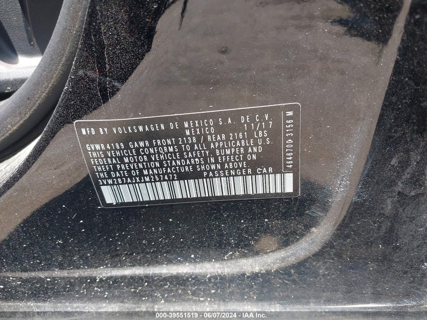 2018 Volkswagen Jetta 1.4T S VIN: 3VW2B7AJXJM257472 Lot: 39551519