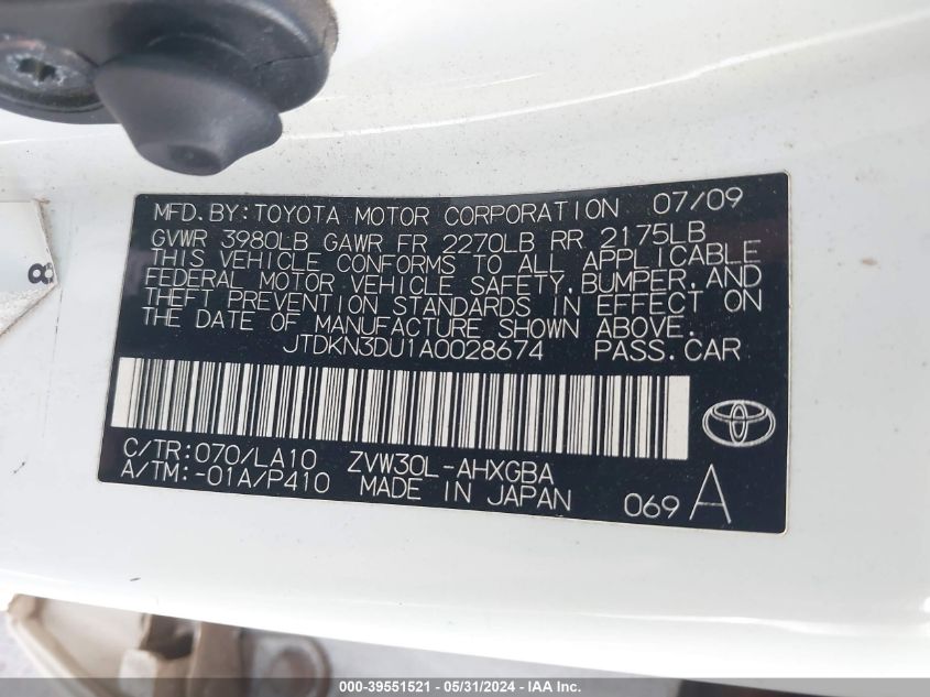 2010 Toyota Prius Iv VIN: JTDKN3DU1A0028674 Lot: 39551521