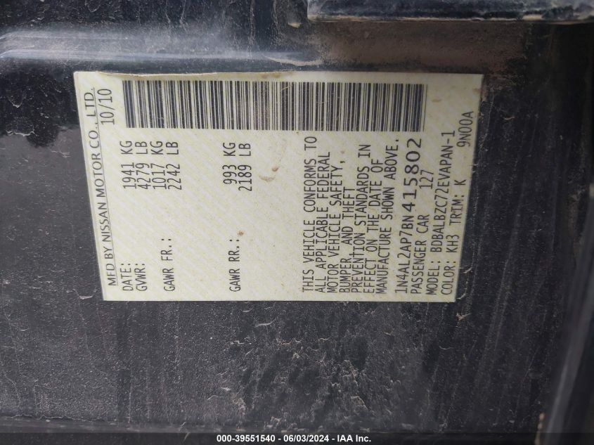 2011 Nissan Altima 2.5 S VIN: 1N4AL2AP7BN415802 Lot: 39551540