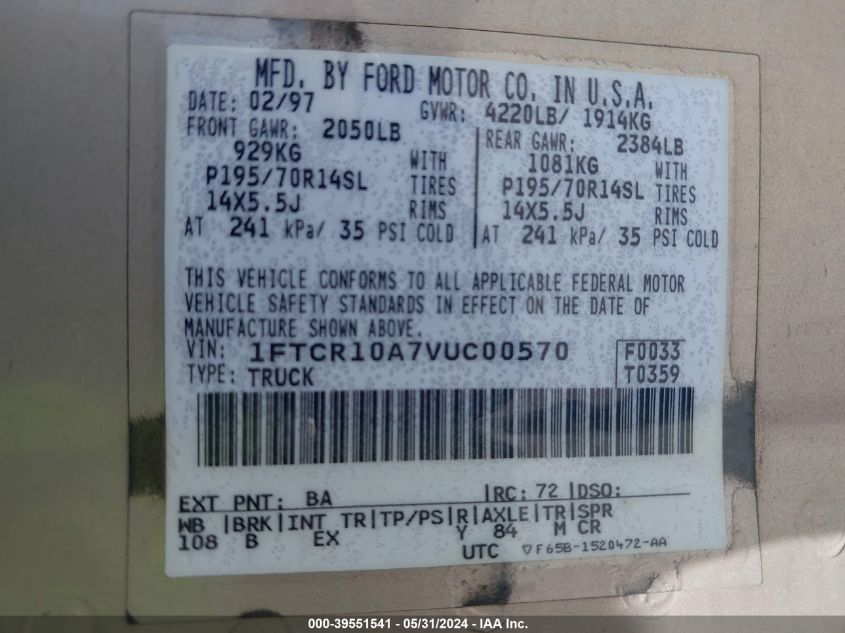 1997 Ford Ranger Splash/Xl/Xlt VIN: 1FTCR10A7VUC00570 Lot: 39551541