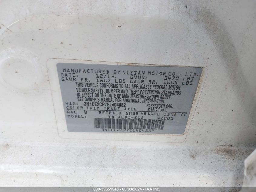 2014 Nissan Versa Note Sv VIN: 3N1CE2CP7EL404882 Lot: 39551545