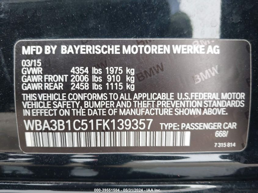 2015 BMW 320I VIN: WBA3B1C51FK139357 Lot: 39551584