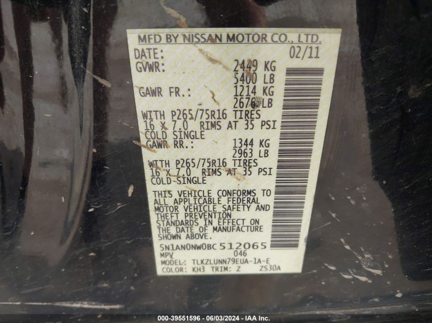2011 Nissan Xterra Pro-4X VIN: 5N1AN0NW0BC512065 Lot: 39551596