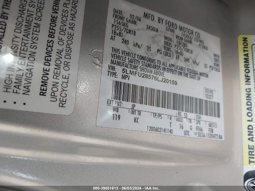 2006 Lincoln Navigator Luxury/Ultimate VIN: 5LMFU28576LJ20159 Lot: 39551613