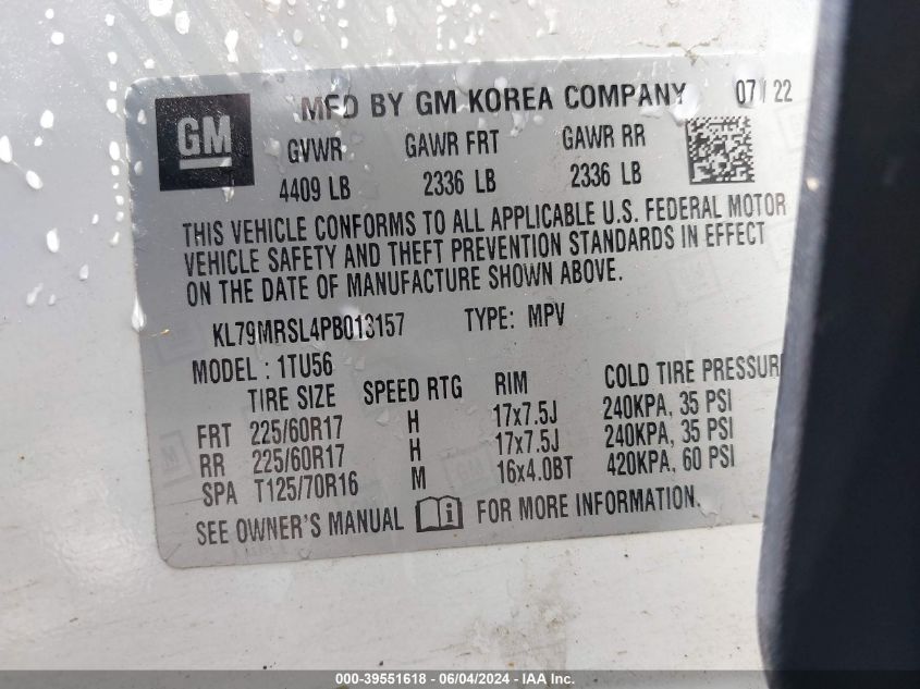 2023 Chevrolet Trailblazer Awd Lt VIN: KL79MRSL4PB013157 Lot: 39551618