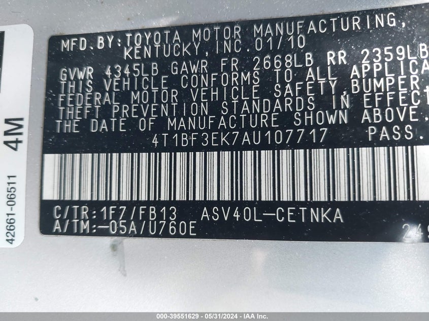 2010 Toyota Camry Le VIN: 4T1BF3EK7AU107717 Lot: 39551629