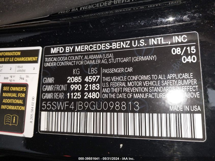 2016 Mercedes-Benz C 300 Luxury/Sport VIN: 55SWF4JB9GU098813 Lot: 39551641