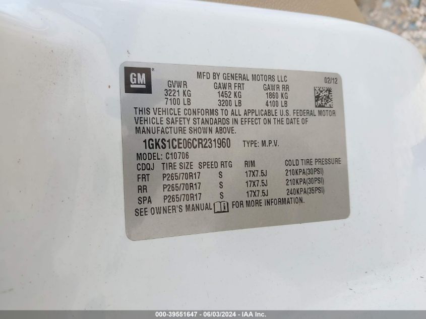 2012 GMC Yukon Slt VIN: 1GKS1CE06CR231960 Lot: 39551647