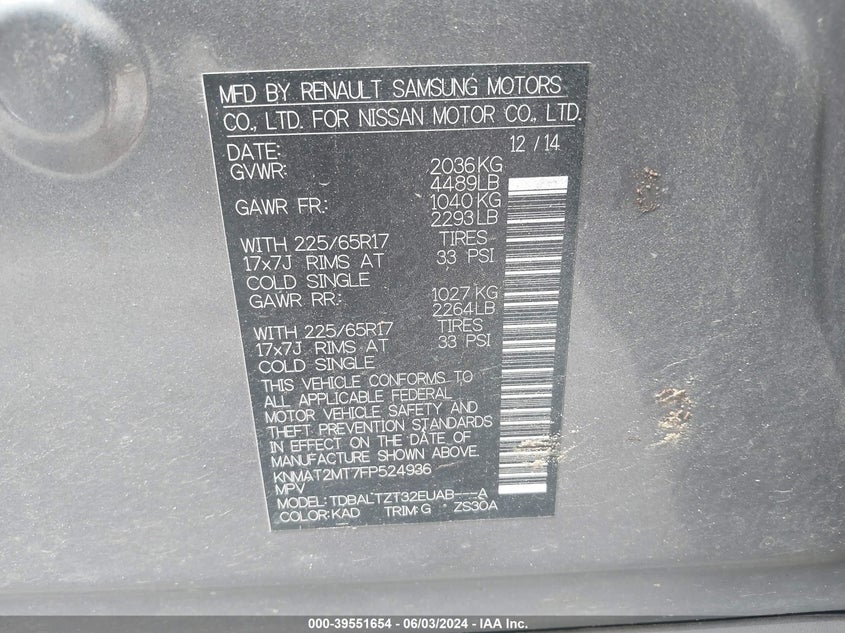 2015 Nissan Rogue Sv VIN: KNMAT2MT7FP524936 Lot: 39551654