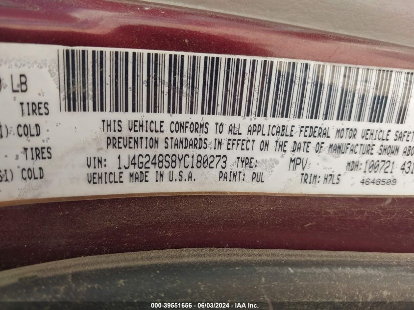 2000 Jeep Grand Cherokee Laredo VIN: 1J4G248S8YC180273 Lot: 39551656