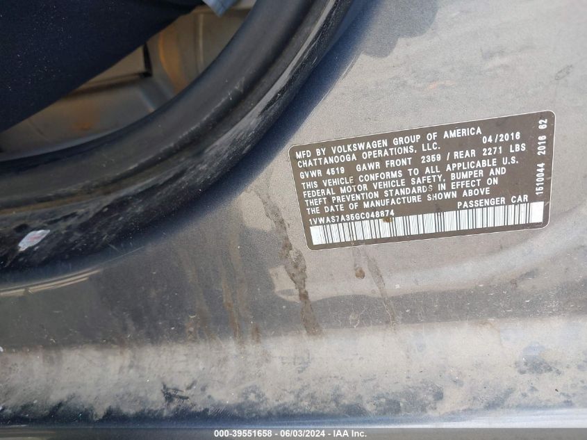 2016 Volkswagen Passat 1.8T S VIN: 1VWAS7A35GC048874 Lot: 39551658