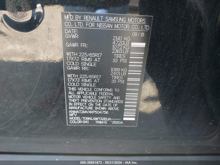 2019 Nissan Rogue Sv VIN: KNMAT2MVXKP504756 Lot: 39551673