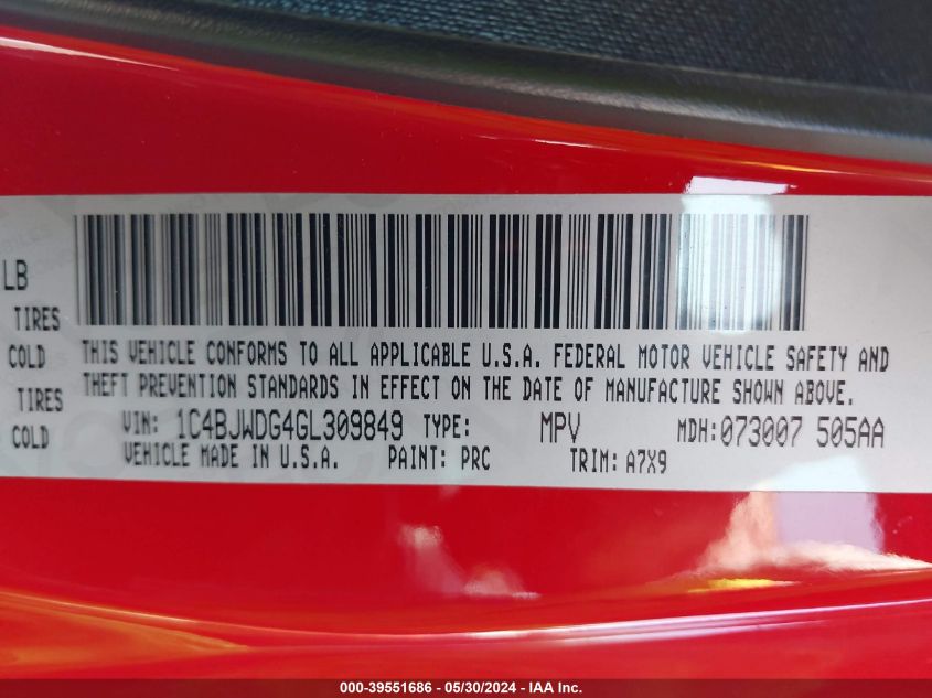 2016 Jeep Wrangler Unlimited Sport VIN: 1C4BJWDG4GL309849 Lot: 39551686