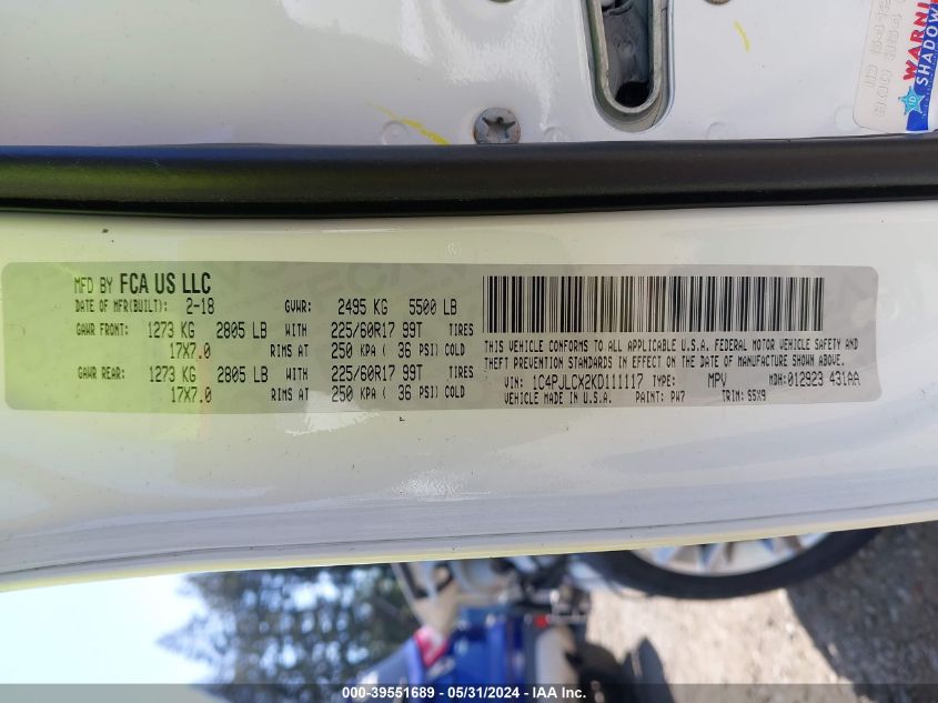 2019 Jeep Cherokee Latitude Fwd VIN: 1C4PJLCX2KD111117 Lot: 39551689