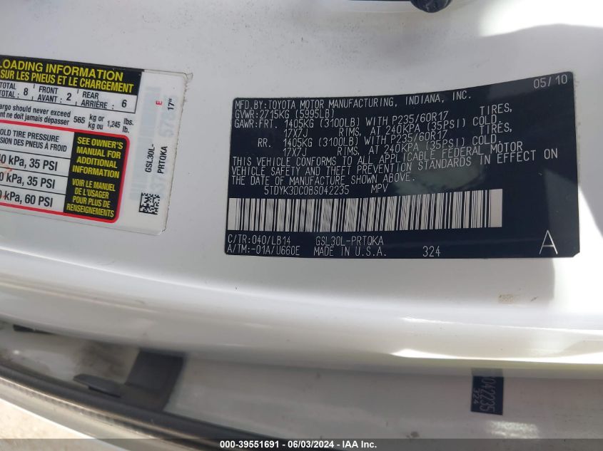 2011 Toyota Sienna Xle V6 VIN: 5TDYK3DC0BS042235 Lot: 39551691