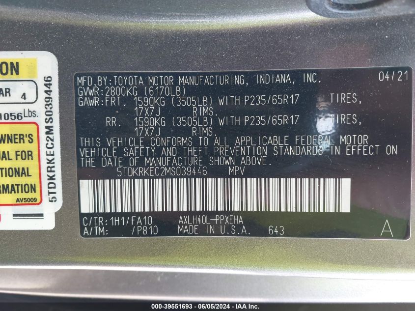 2021 Toyota Sienna Le VIN: 5TDKRKEC2MS039446 Lot: 39551693