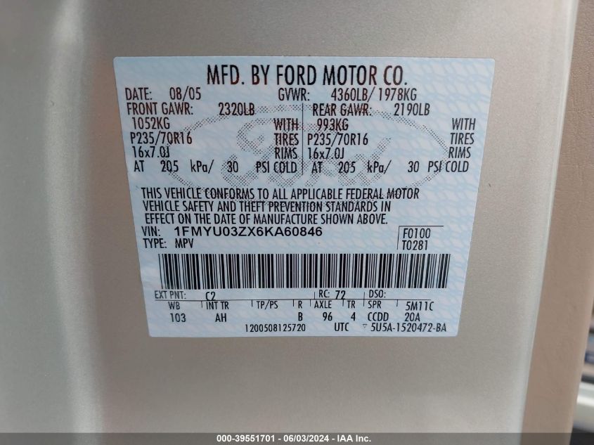 2006 Ford Escape Xlt VIN: 1FMYU03ZX6KA60846 Lot: 39551701