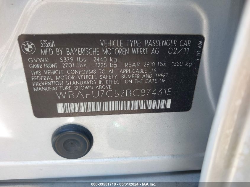 2011 BMW 535I xDrive VIN: WBAFU7C52BC874315 Lot: 39551710