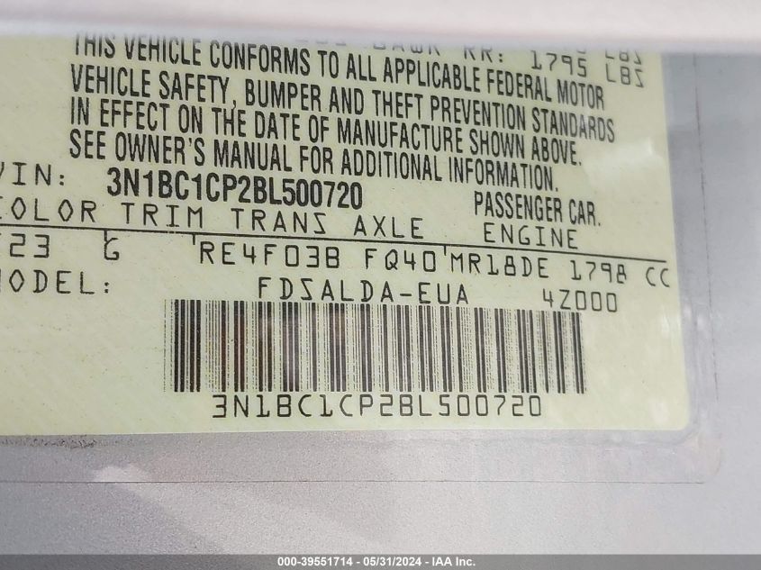 2011 Nissan Versa 1.8S VIN: 3N1BC1CP2BL500720 Lot: 39551714