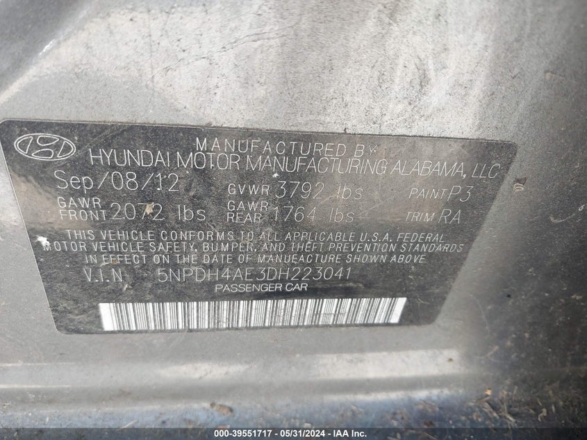 2013 Hyundai Elantra Gls VIN: 5NPDH4AE3DH223041 Lot: 39551717