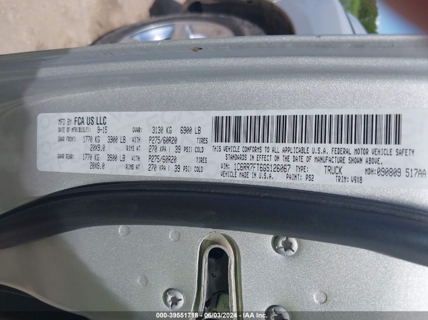 2016 Ram 1500 Express VIN: 1C6RR7FT6GS126067 Lot: 39551718