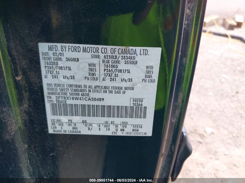 2001 Ford F-150 Lariat/Xl/Xlt VIN: 2FTRX18W41CA50489 Lot: 39551744