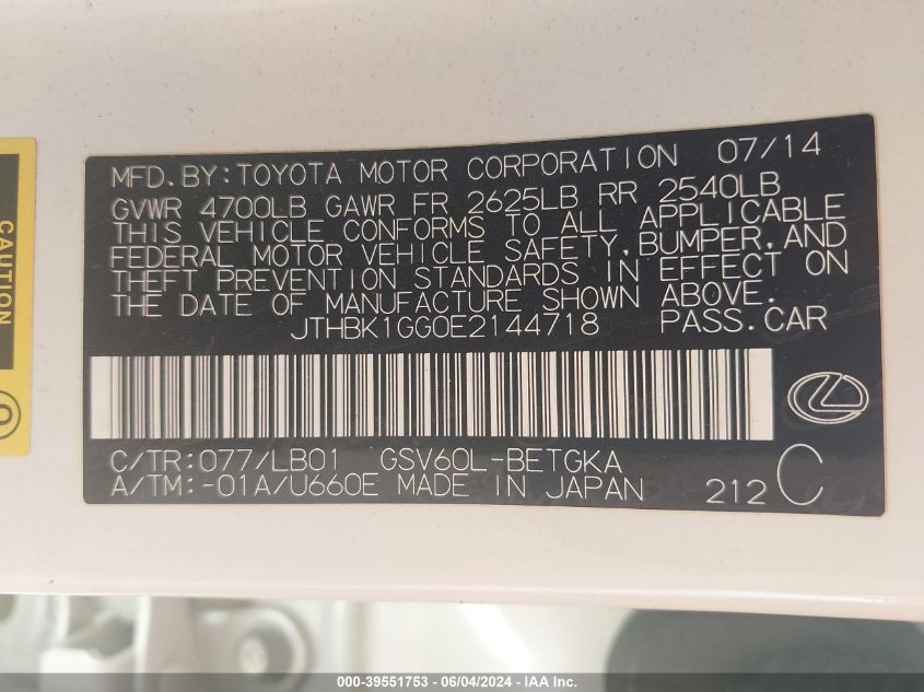 2014 Lexus Es 350 VIN: JTHBK1GG0E2144718 Lot: 39551753