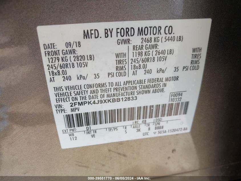 2019 Ford Edge Sel VIN: 2FMPK4J9XKBB12833 Lot: 39551770