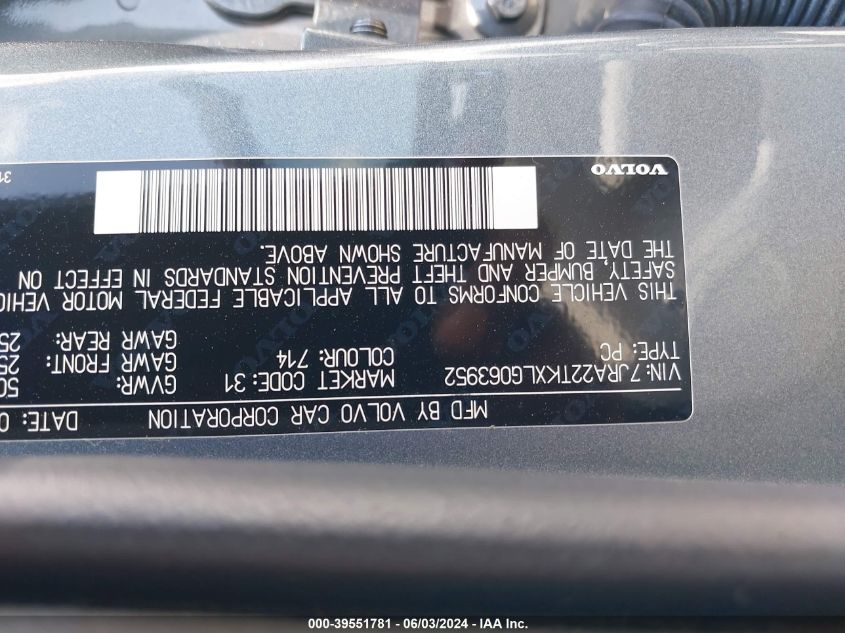 2020 Volvo S60 T6 Momentum VIN: 7JRA22TKXLG063952 Lot: 39551781