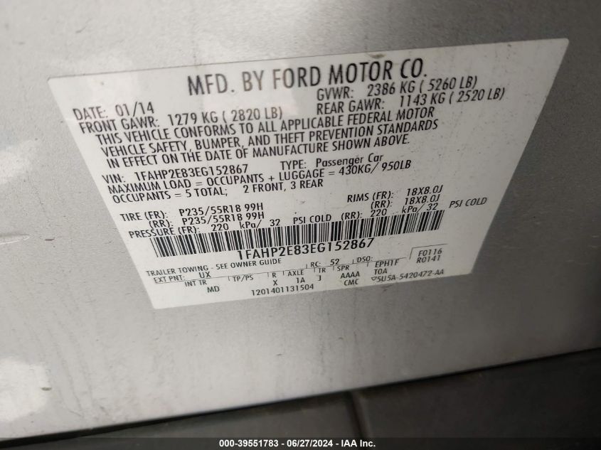 2014 Ford Taurus Sel VIN: 1FAHP2E83EG152867 Lot: 39551783