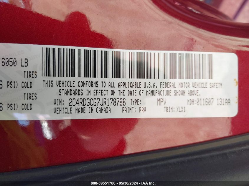 2018 Dodge Grand Caravan Sxt VIN: 2C4RDGCG7JR178766 Lot: 39551788