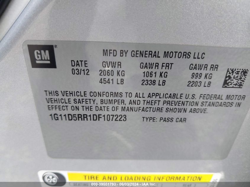 2013 Chevrolet Malibu Eco VIN: 1G11D5RR1DF107223 Lot: 39551793